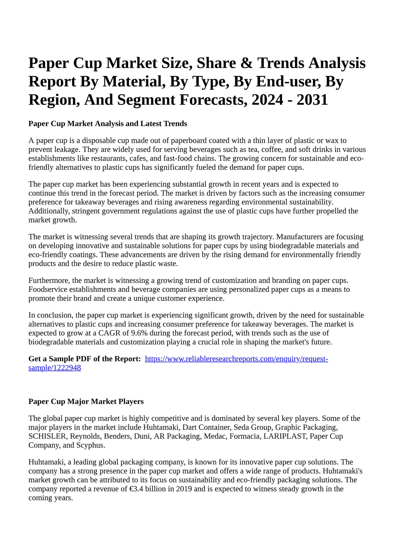 Reportprime Paper Cup Market Size, Share & Trends Analysis Report By