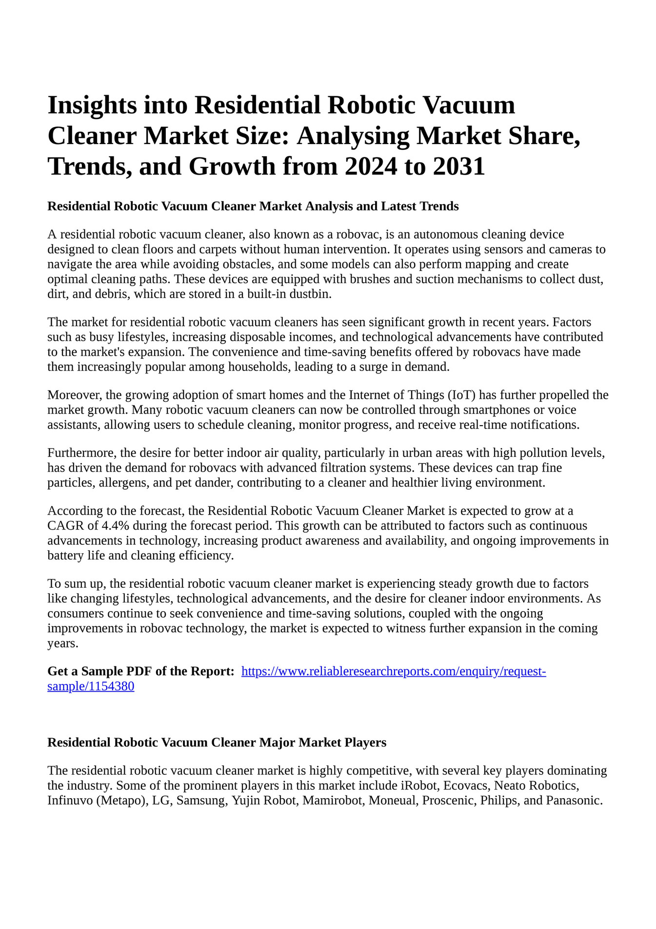 Reportprime Insights into Residential Robotic Vacuum Cleaner Market