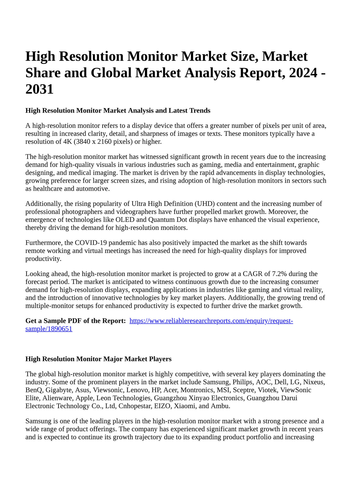 Reportprime High Resolution Monitor Market Size, Market Share and