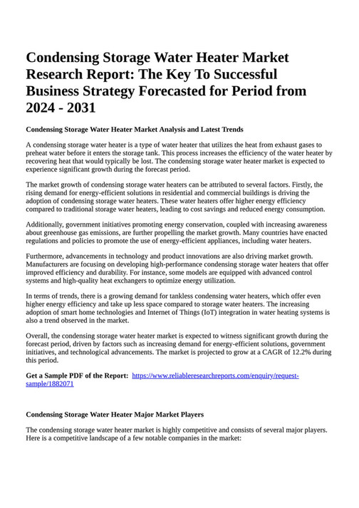 Reportprime Condensing Storage Water Heater Market Research Report