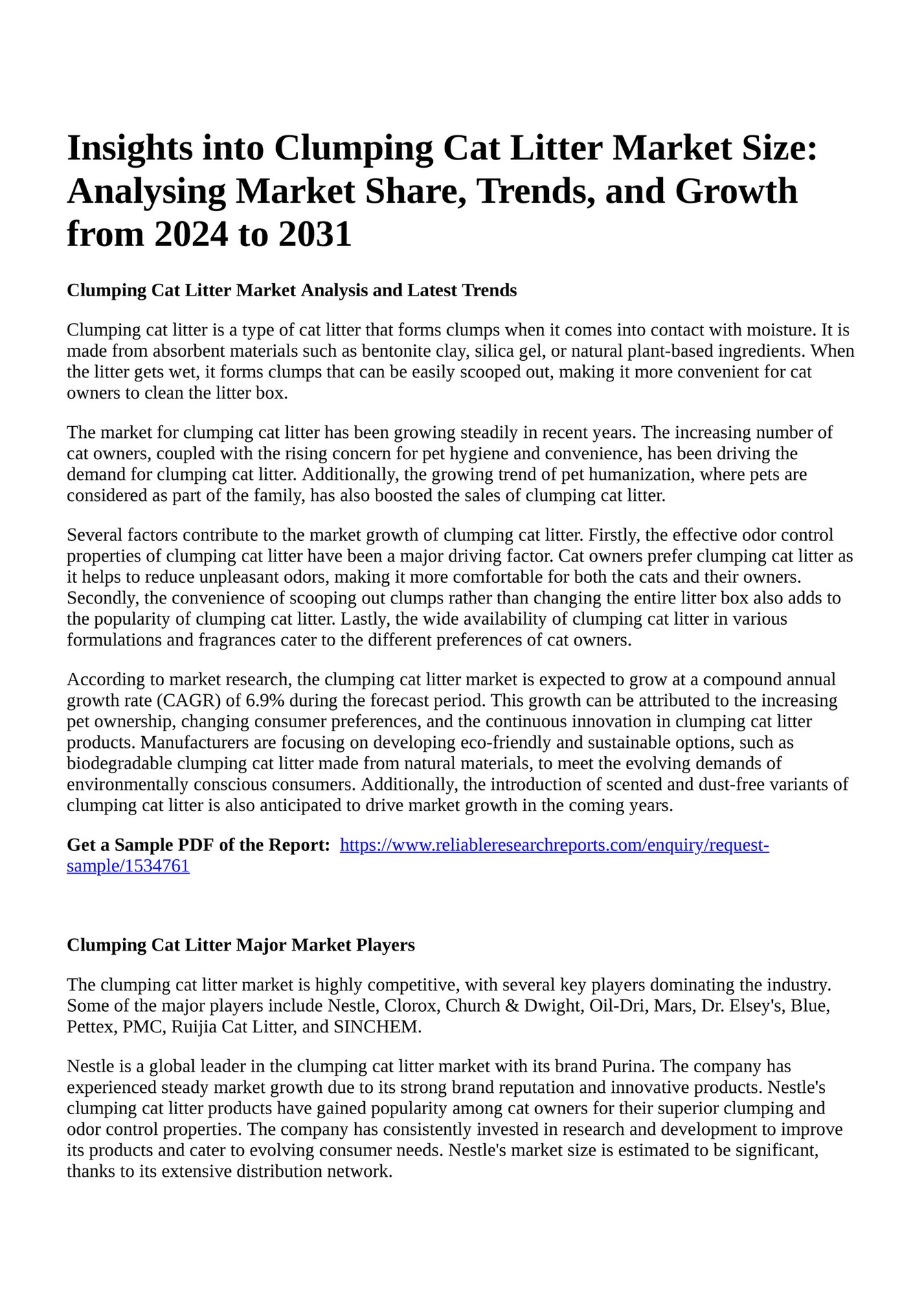 Reportprime Insights into Clumping Cat Litter Market Size Analysing Market Share, Trends, and