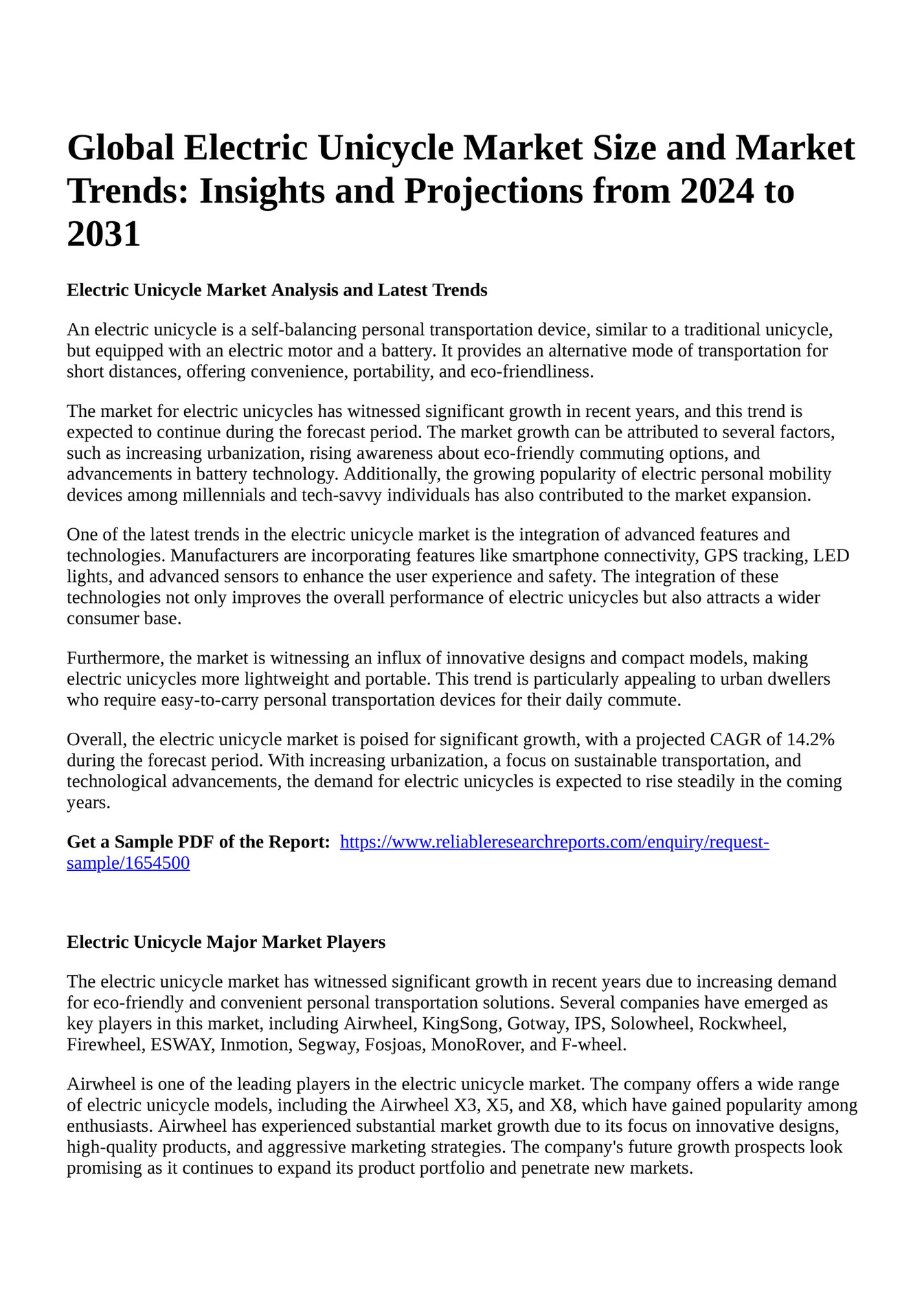 Reportprime Global Electric Unicycle Market Size and Market Trends