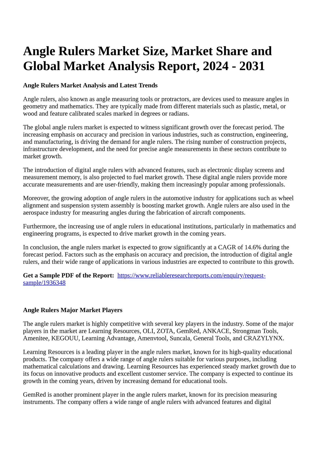 Reportprime Angle Rulers Market Size, Market Share and Global Market