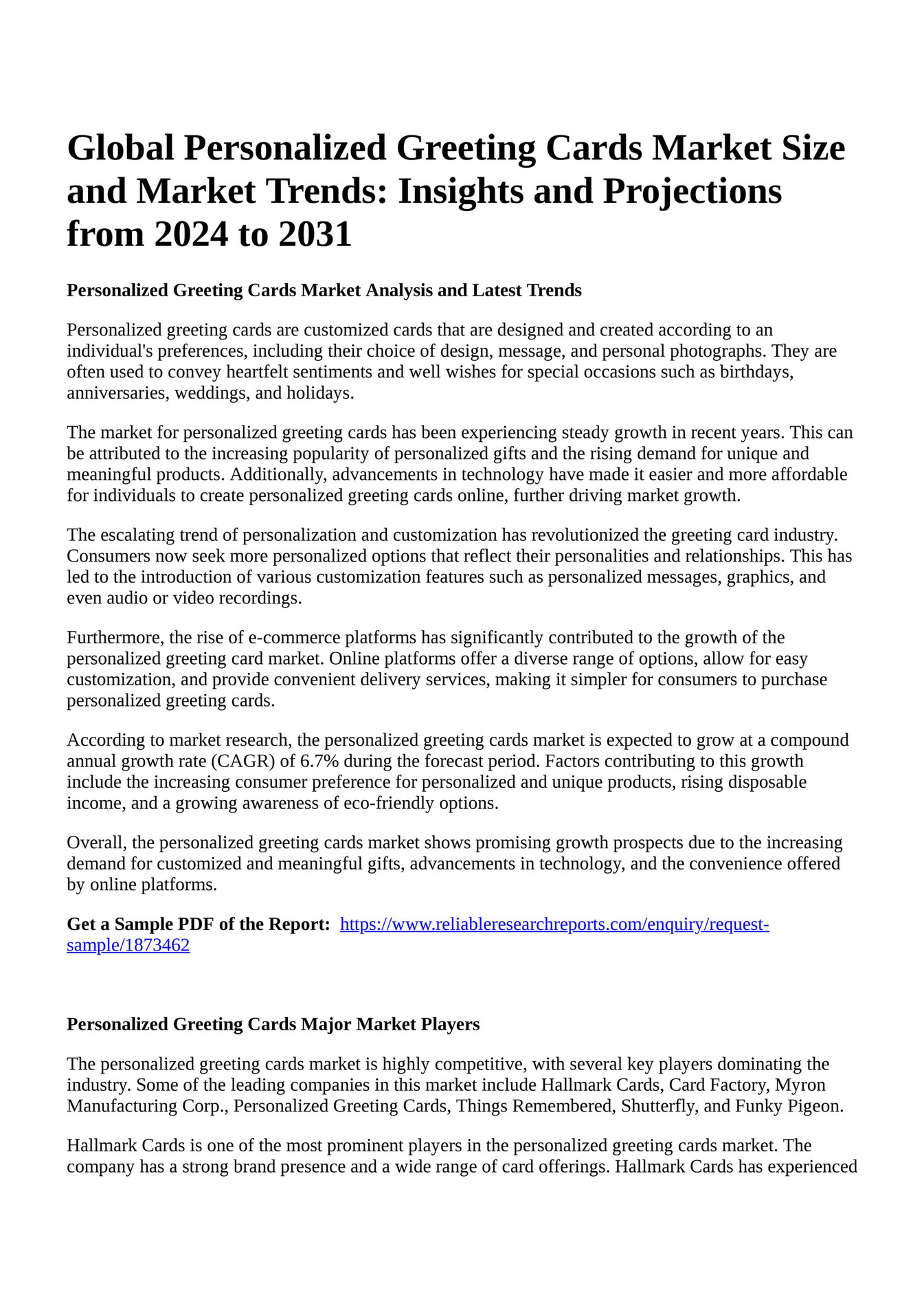 Reportprime Global Personalized Greeting Cards Market Size and Market Trends Insights and