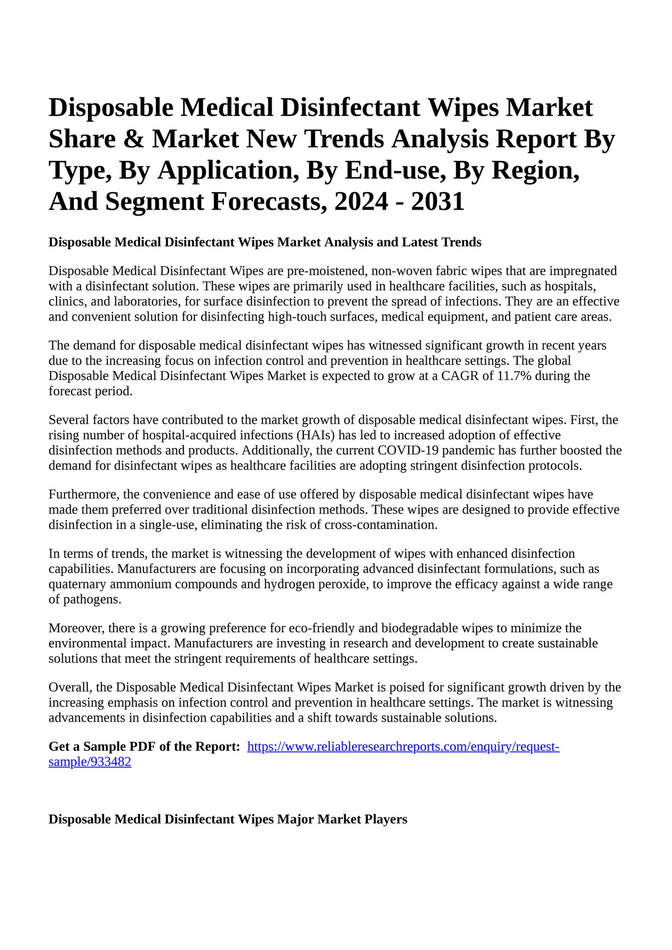 Reportprime Disposable Medical Disinfectant Wipes Market Share