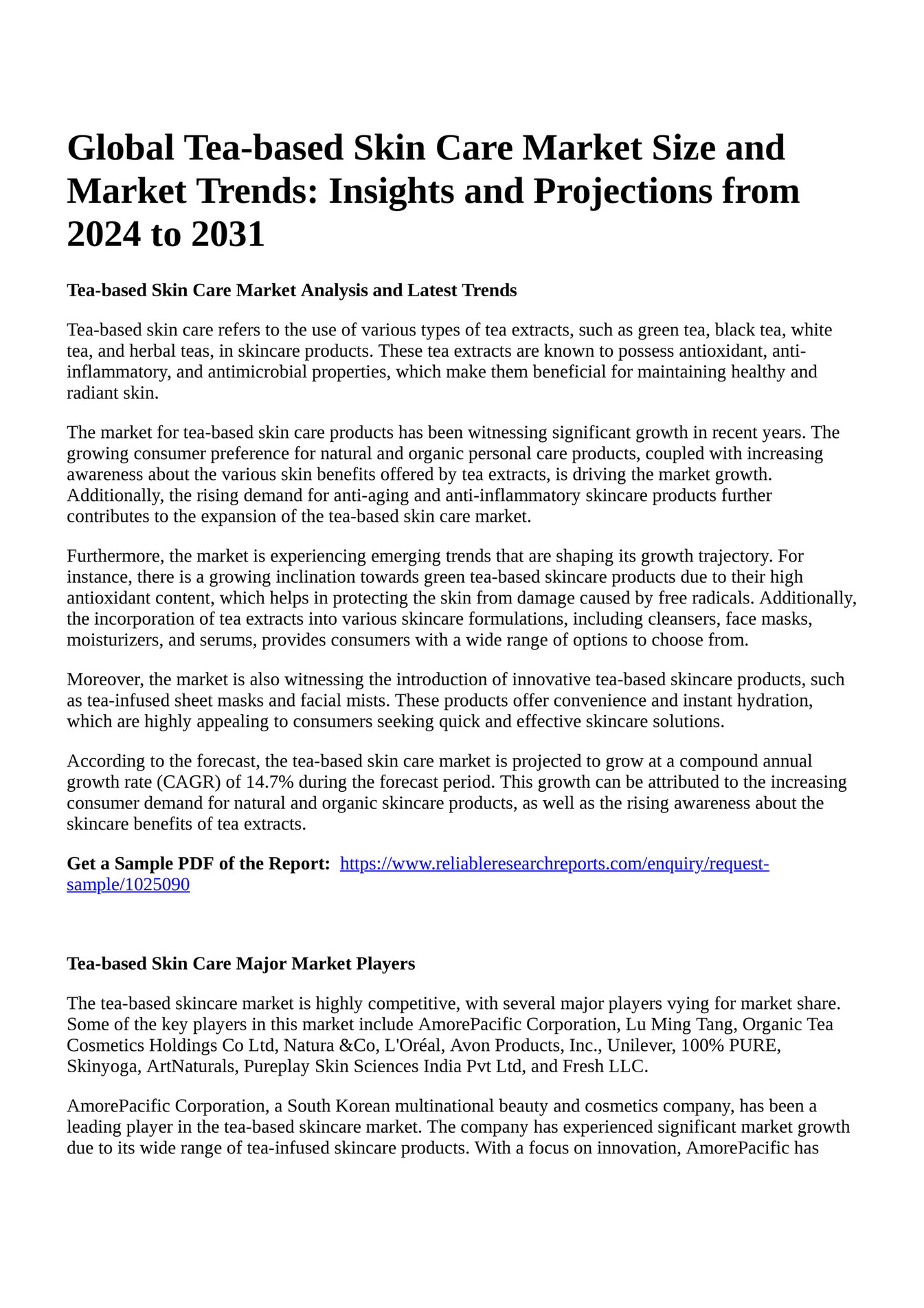 Reportprime Global Teabased Skin Care Market Size and Market Trends