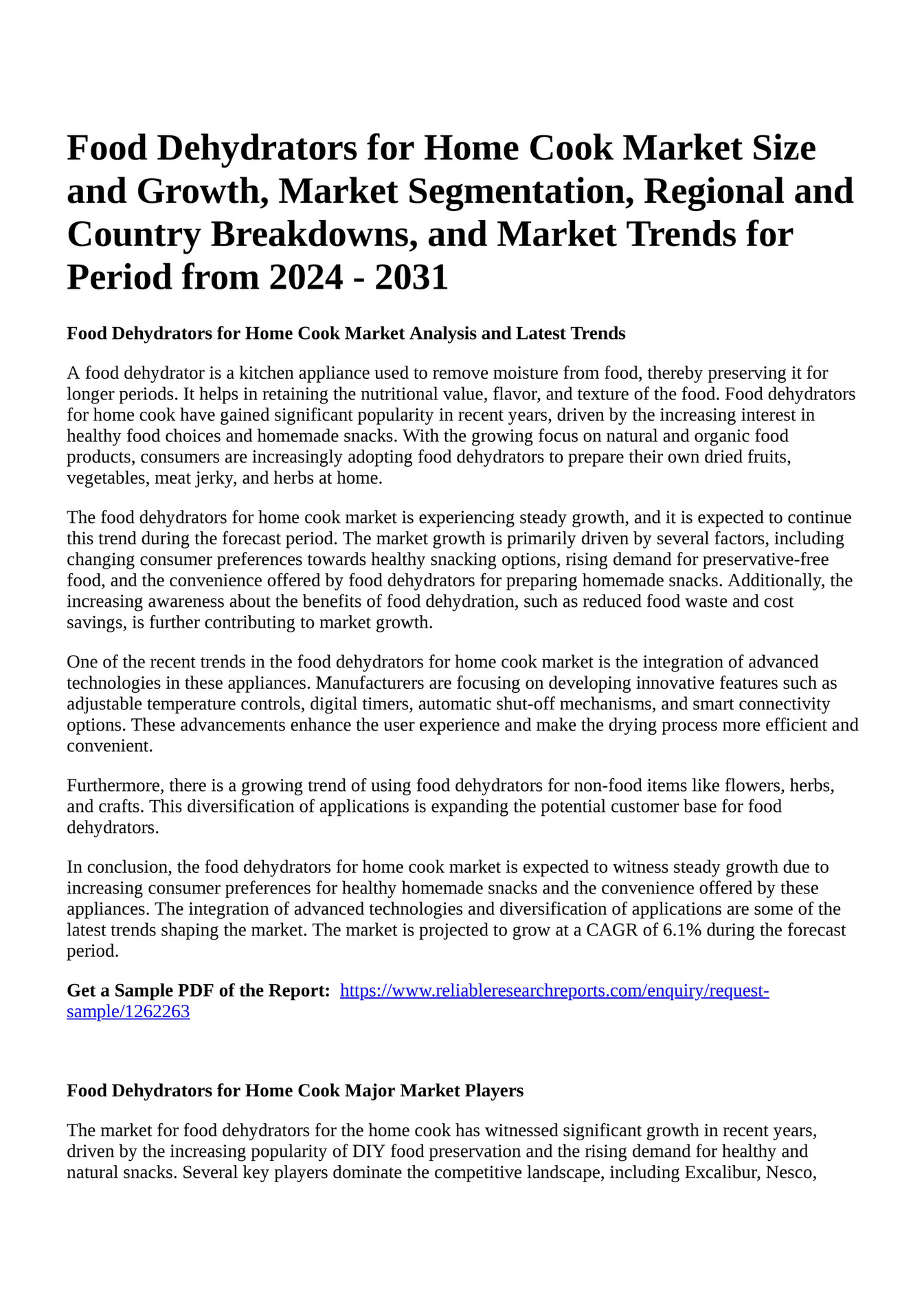 Reportprime Food Dehydrators For Home Cook Market Size And Growth Market Segmentation