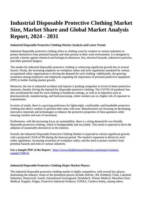 Reportprime Industrial Disposable Protective Clothing Market Size