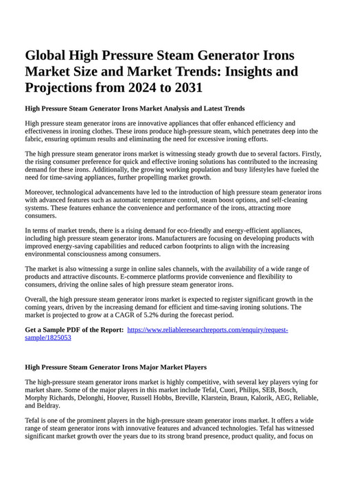 Reportprime Global High Pressure Steam Generator Irons Market Size