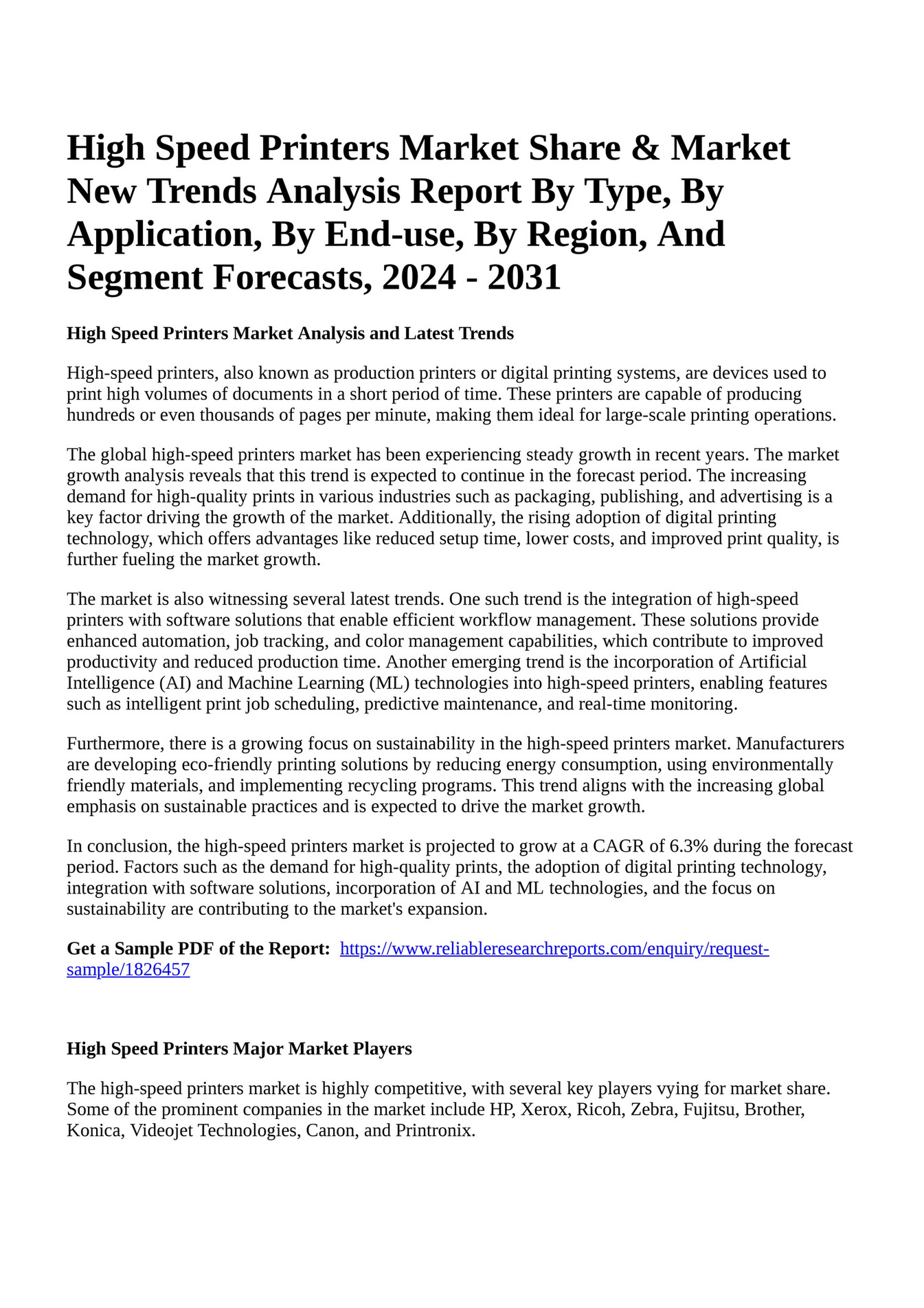 Reportprime High Speed Printers Market Share & Market New Trends