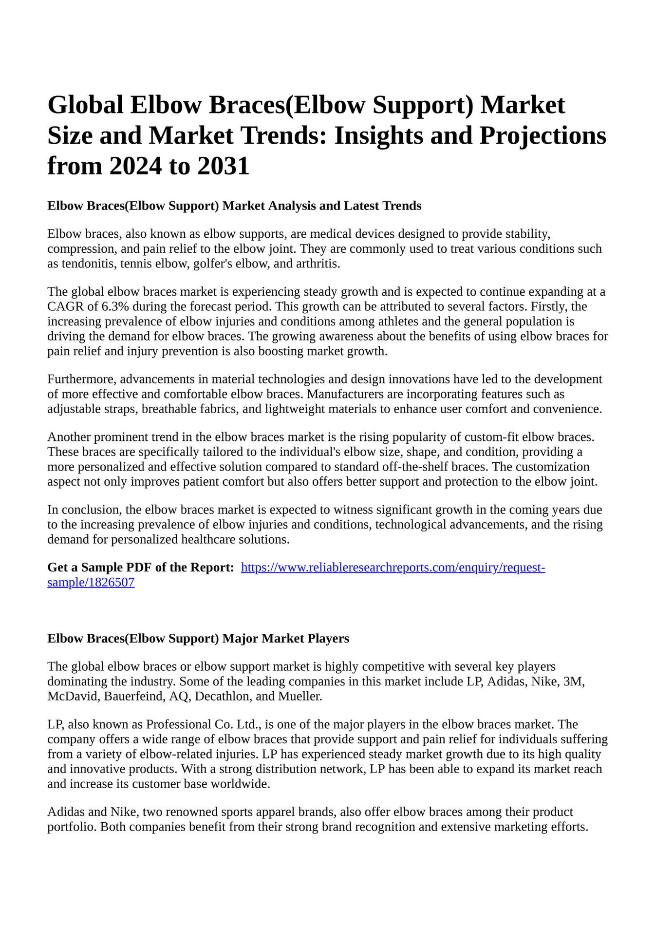 Reportprime Global Elbow Braces(Elbow Support) Market Size and Market