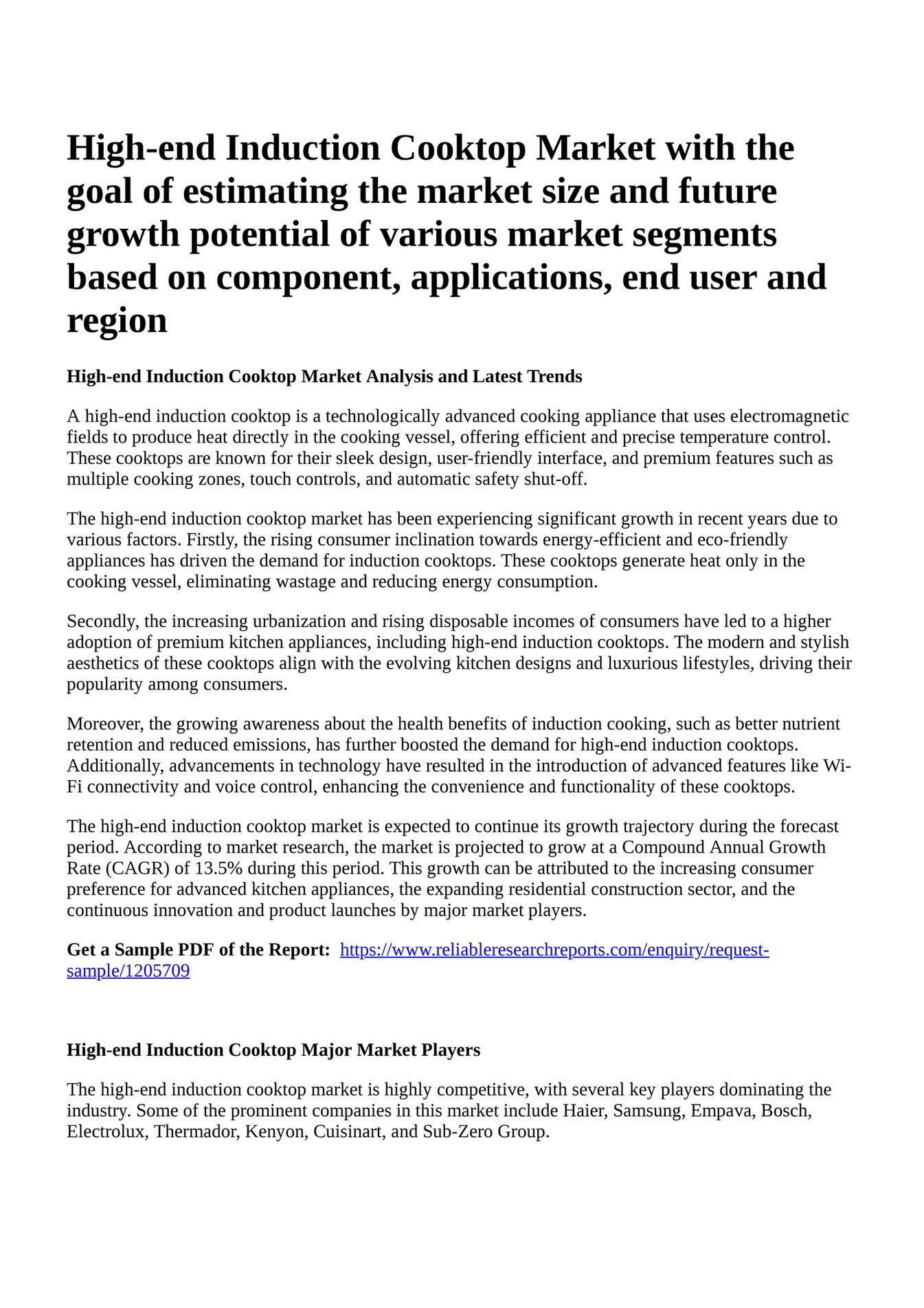 Reportprime Highend Induction Cooktop Market with the goal of estimating the market size and