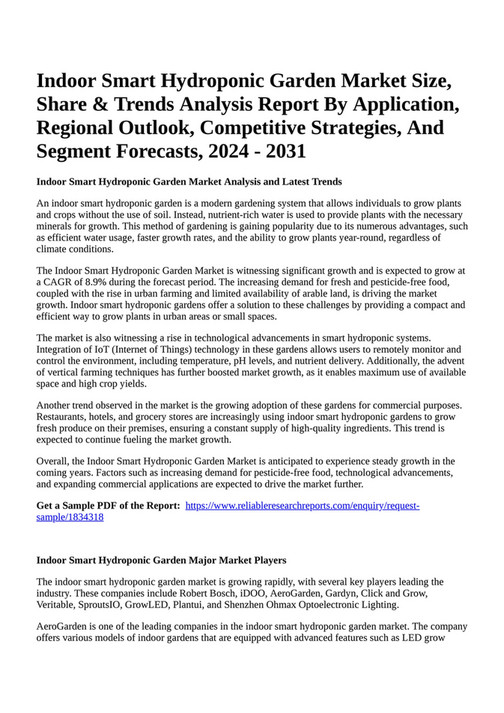 Reportprime Indoor Smart Hydroponic Garden Market Size, Share