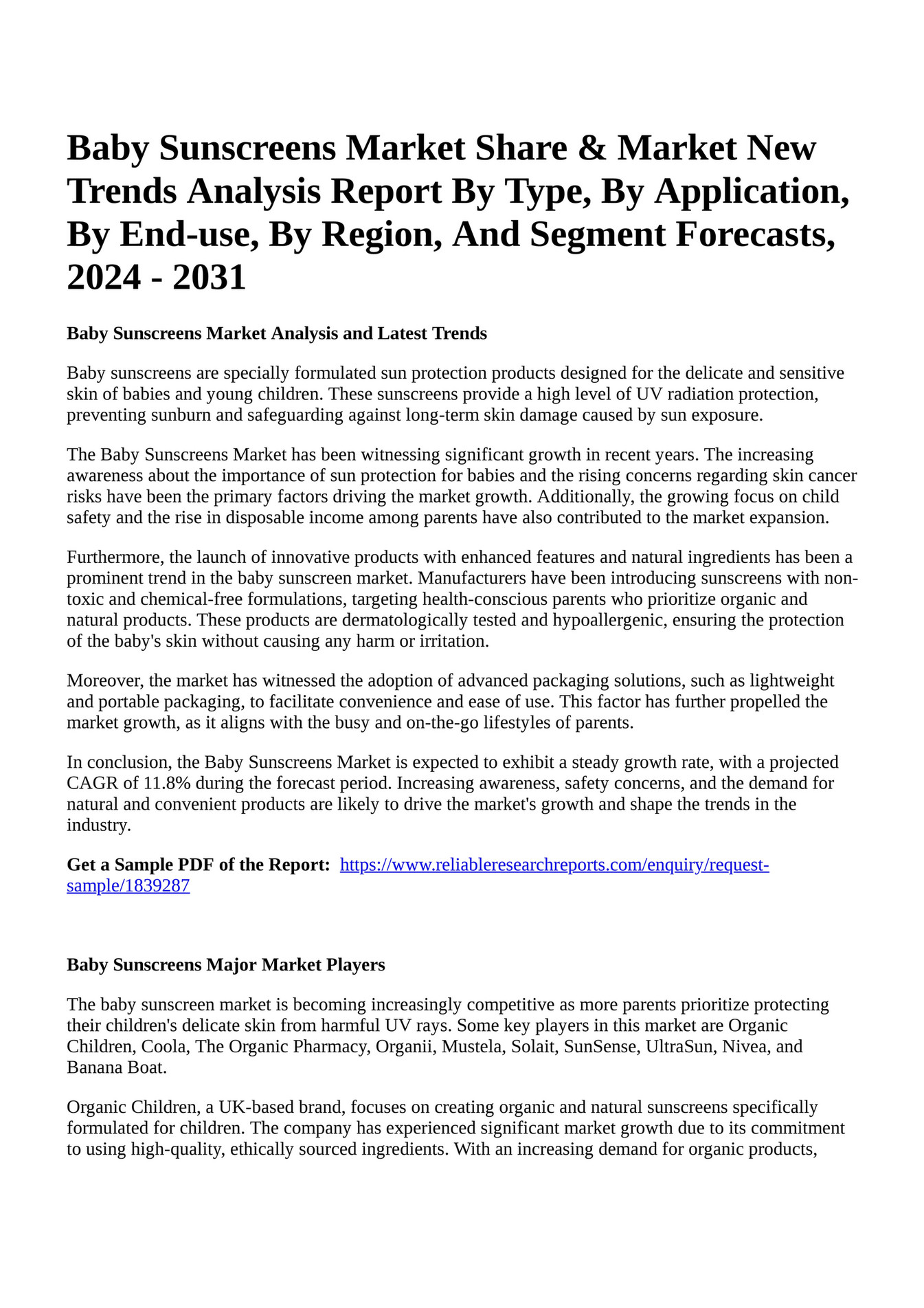 Reportprime Baby Sunscreens Market Share & Market New Trends Analysis Report By Type, By