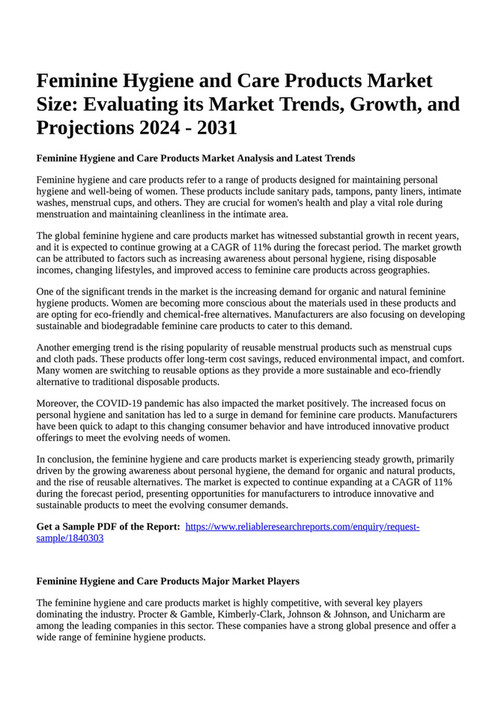 Reportprime Feminine Hygiene and Care Products Market Size Evaluating its Market Trends