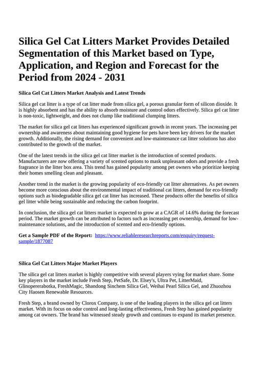 Reportprime Silica Gel Cat Litters Market Provides Detailed