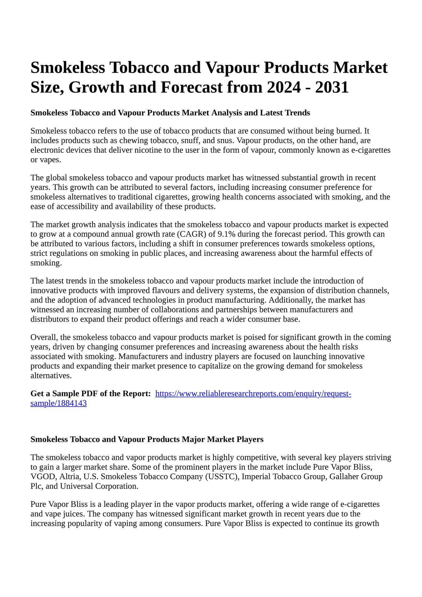 Reportprime Smokeless Tobacco and Vapour Products Market Size, Growth