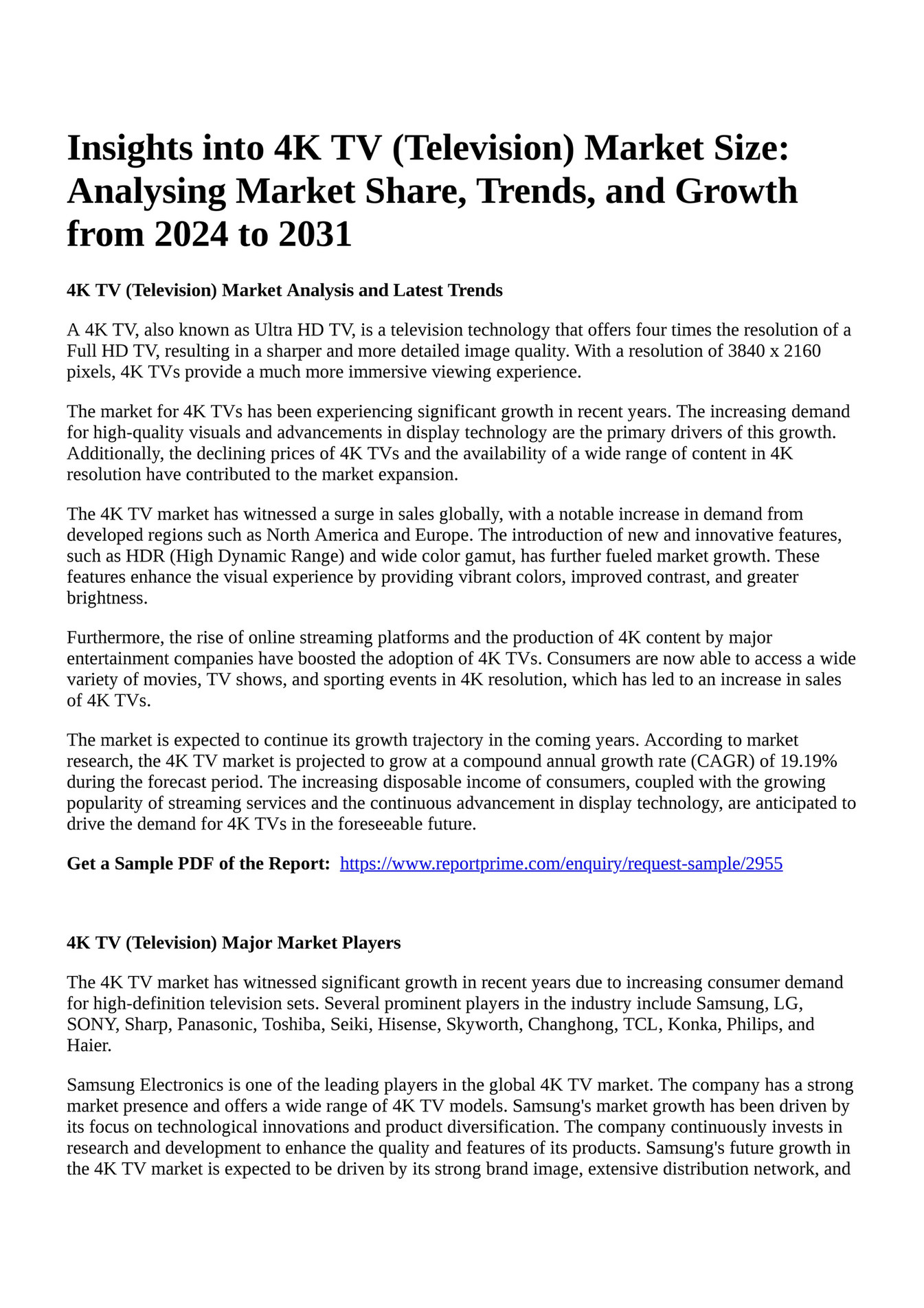 Reportprime Insights into 4K TV (Television) Market Size Analysing