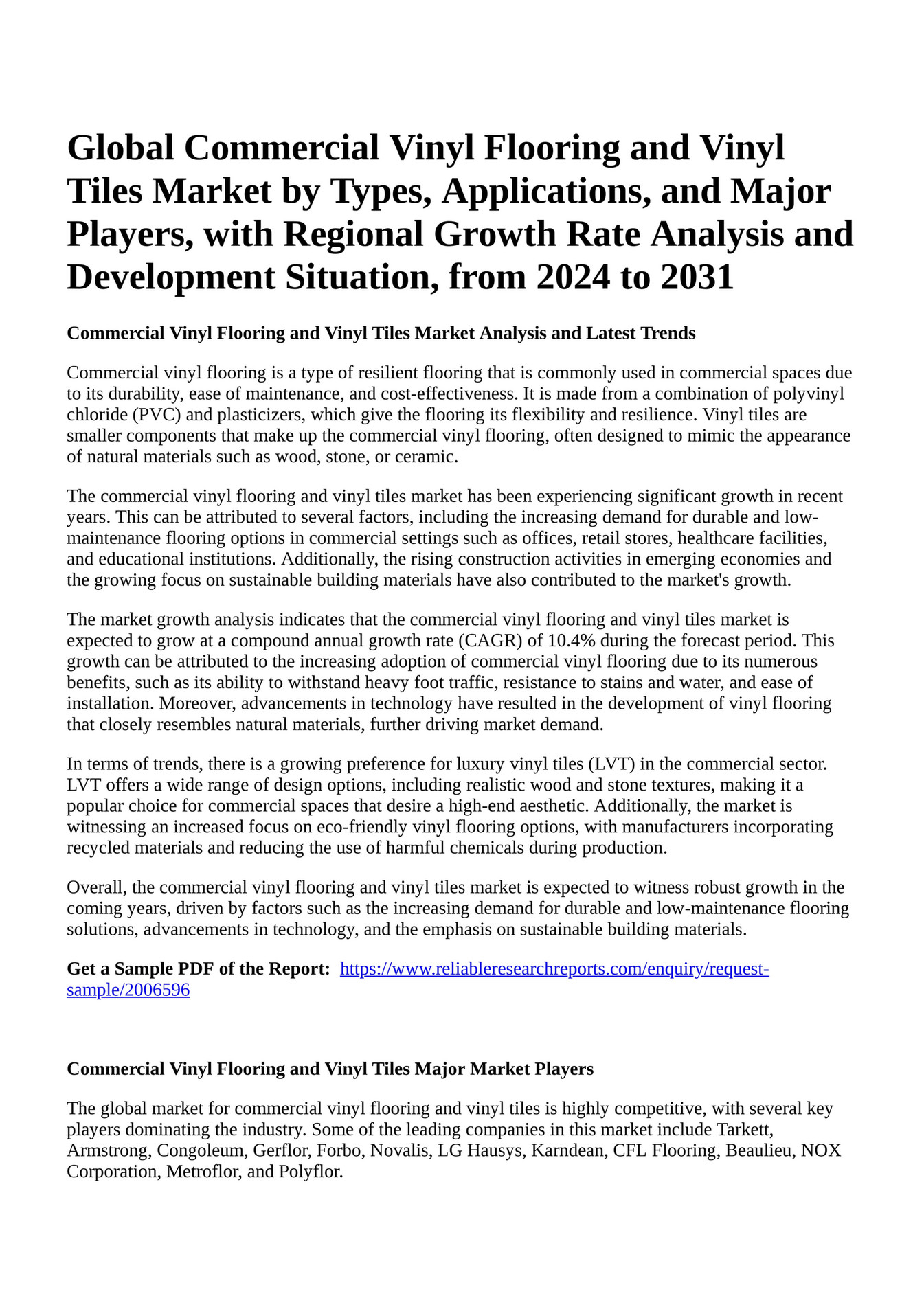 Reportprime Global Commercial Vinyl Flooring and Vinyl Tiles Market