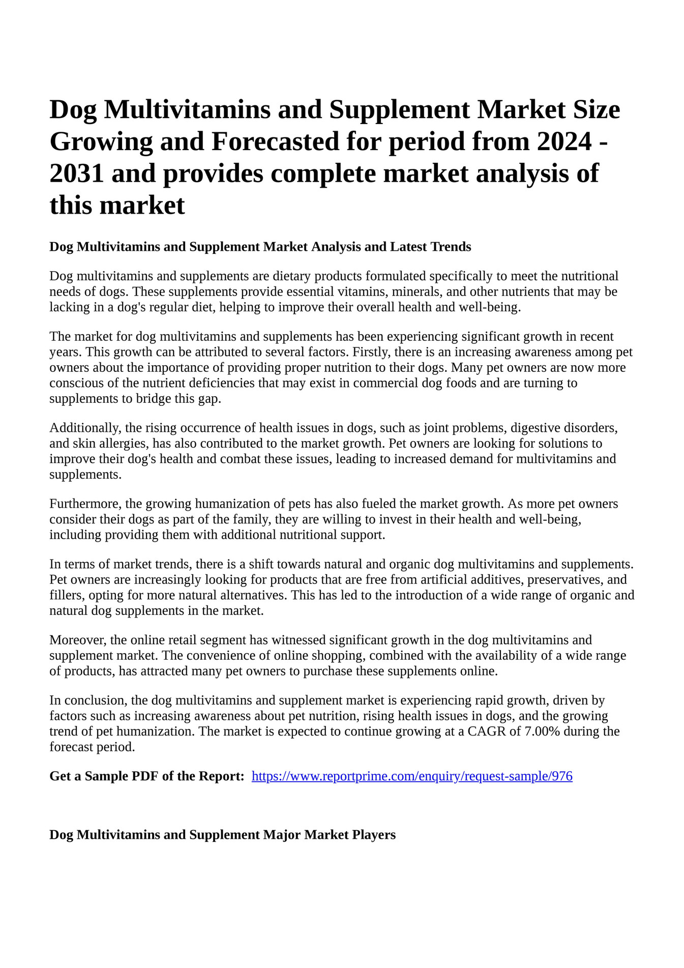 Reportprime Dog Multivitamins and Supplement Market Size Growing and