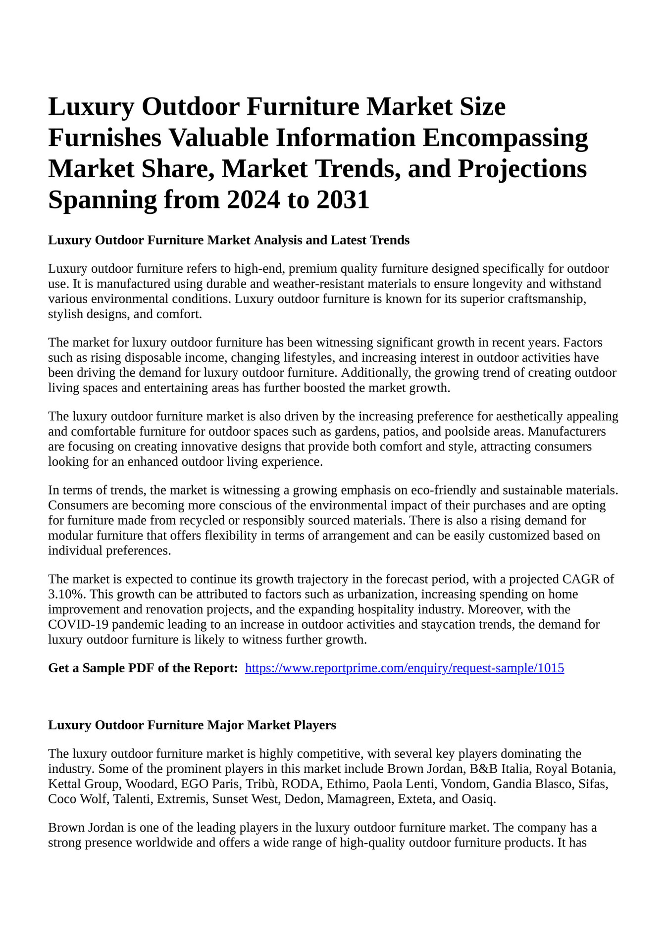 Reportprime Luxury Outdoor Furniture Market Size Furnishes Valuable