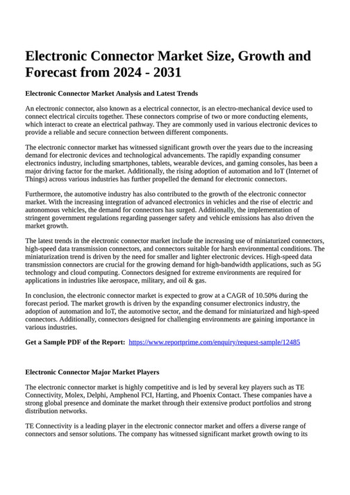 Reportprime Electronic Connector Market Size, Growth and Forecast