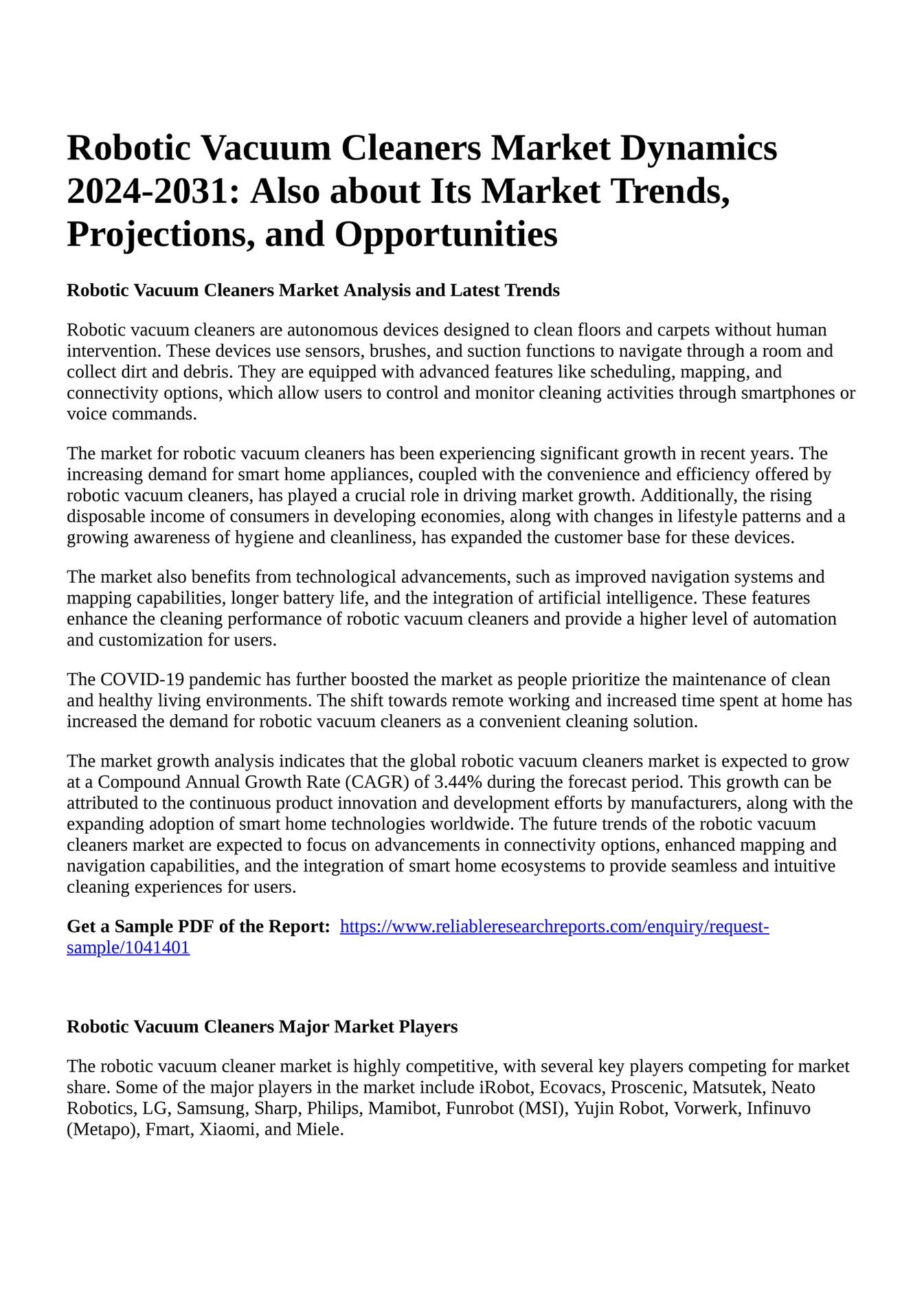 Reportprime Robotic Vacuum Cleaners Market Dynamics 20242031 Also