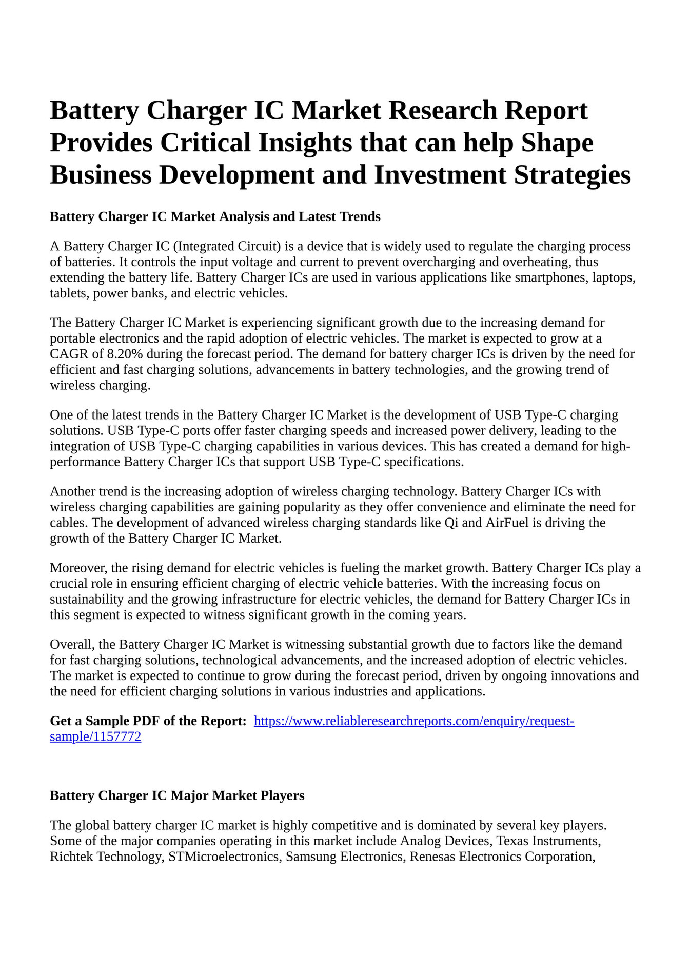 Reportprime Battery Charger IC Market Research Report Provides