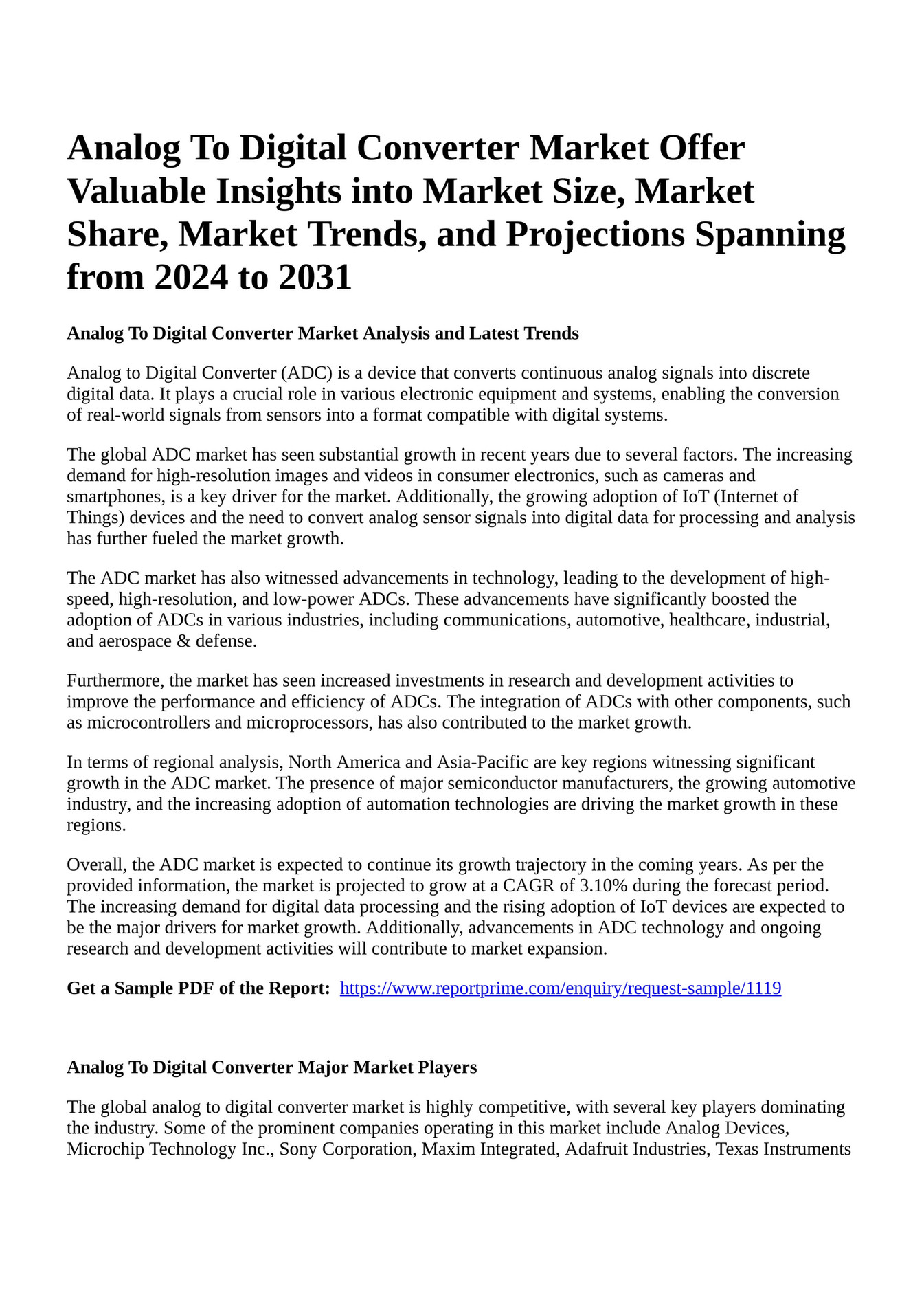 Reportprime Analog To Digital Converter Market Offer Valuable