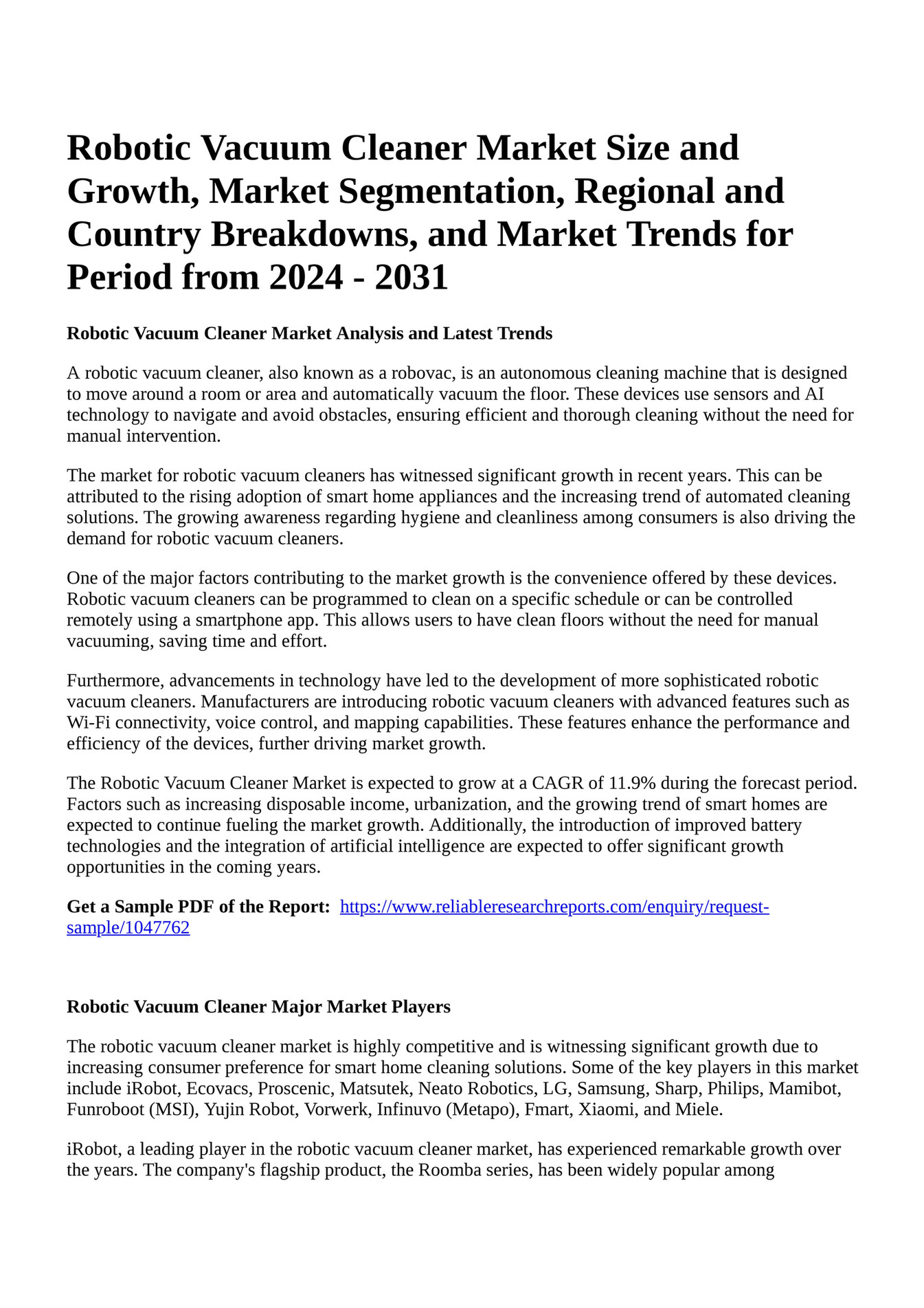 Reportprime Robotic Vacuum Cleaner Market Size and Growth, Market Segmentation, Regional and