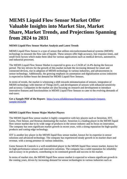 Reportprime MEMS Liquid Flow Sensor Market Offer Valuable Insights