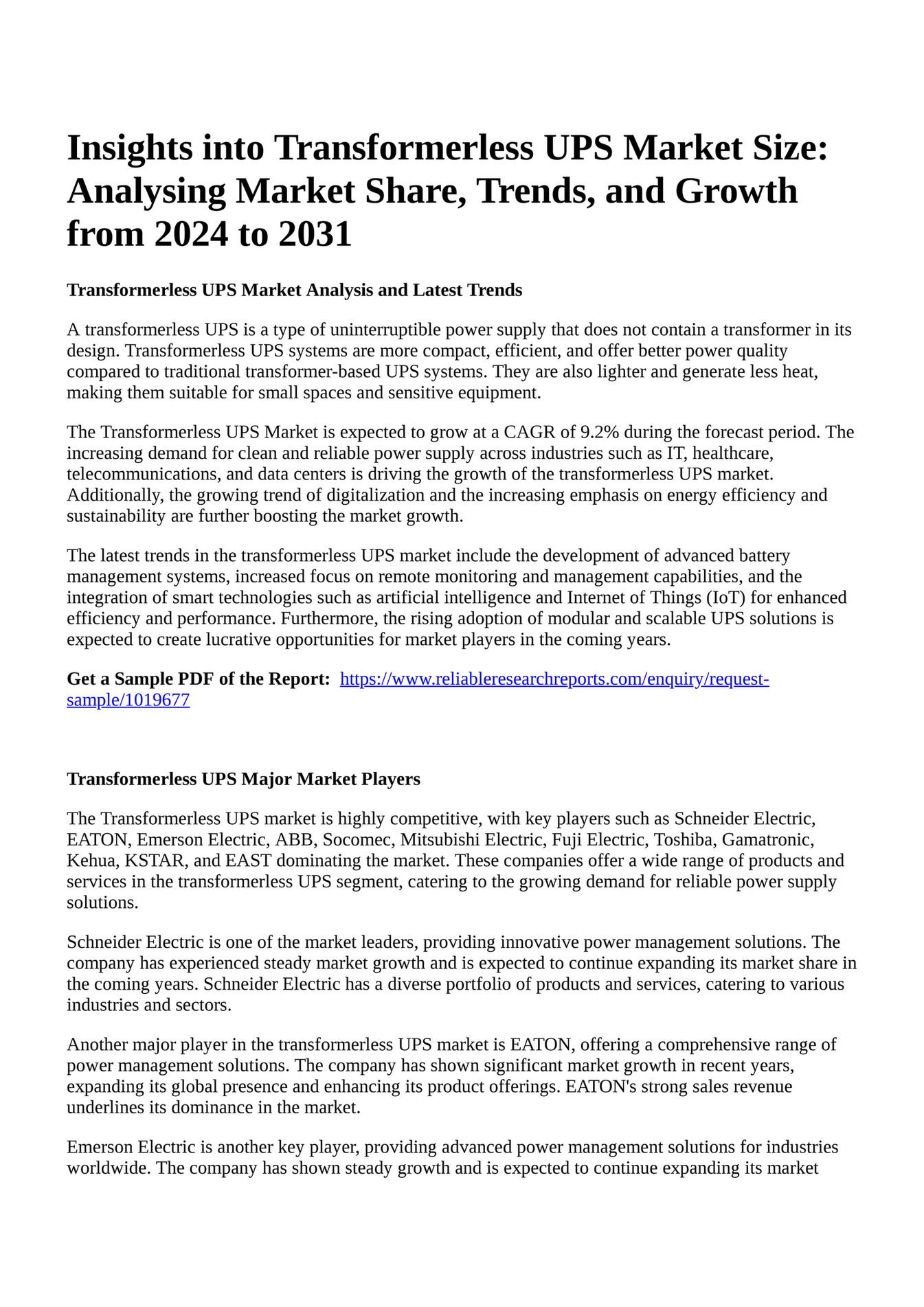 Reportprime Insights into Transformerless UPS Market Size Analysing