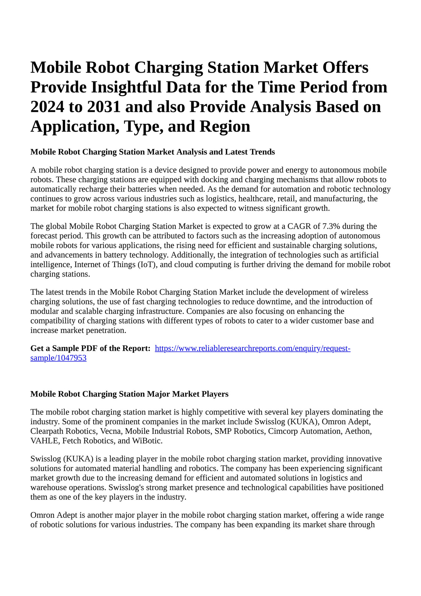 Reportprime Mobile Robot Charging Station Market Offers Provide Insightful Data for the Time