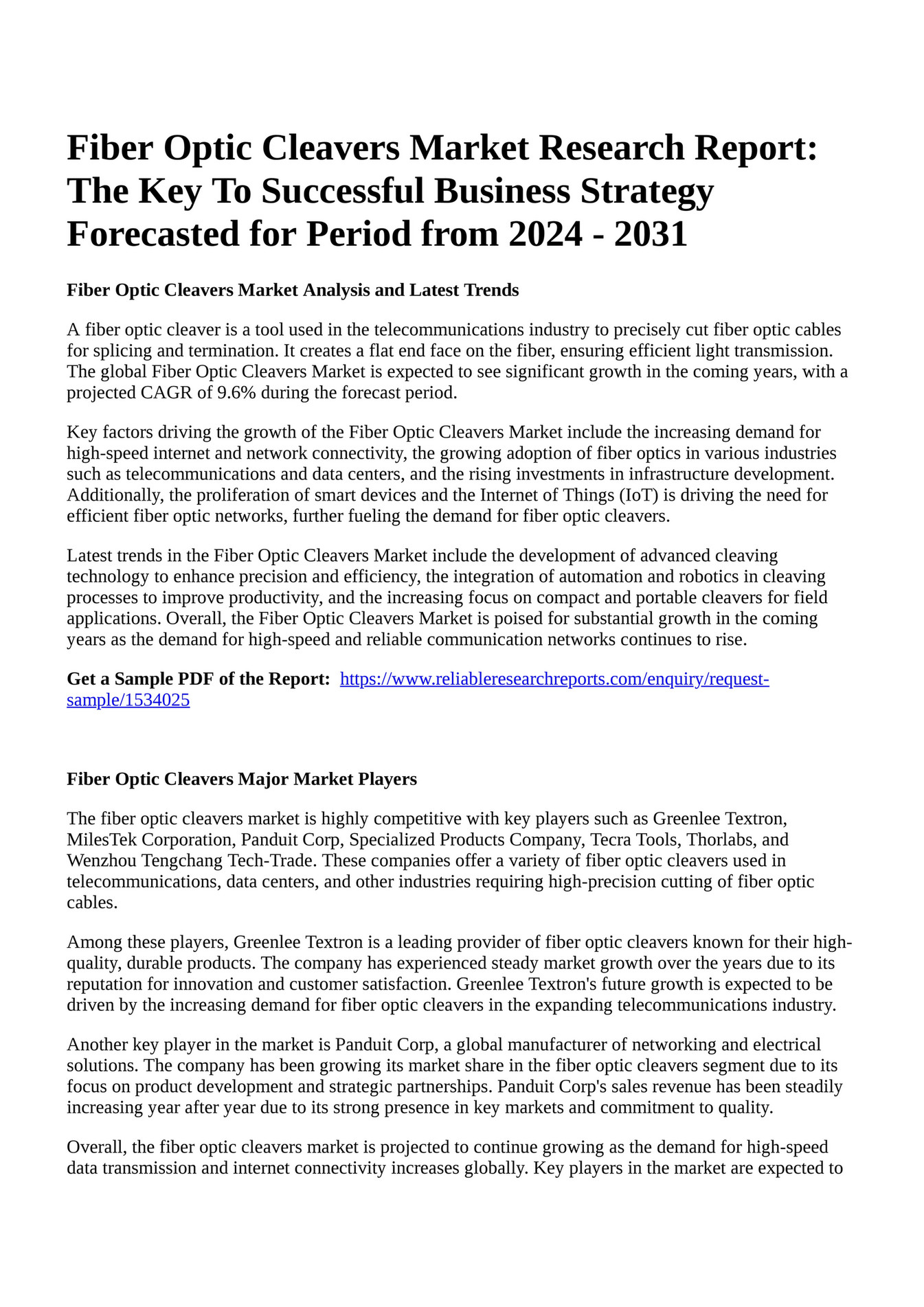 Reportprime Fiber Optic Cleavers Market Research Report The Key To