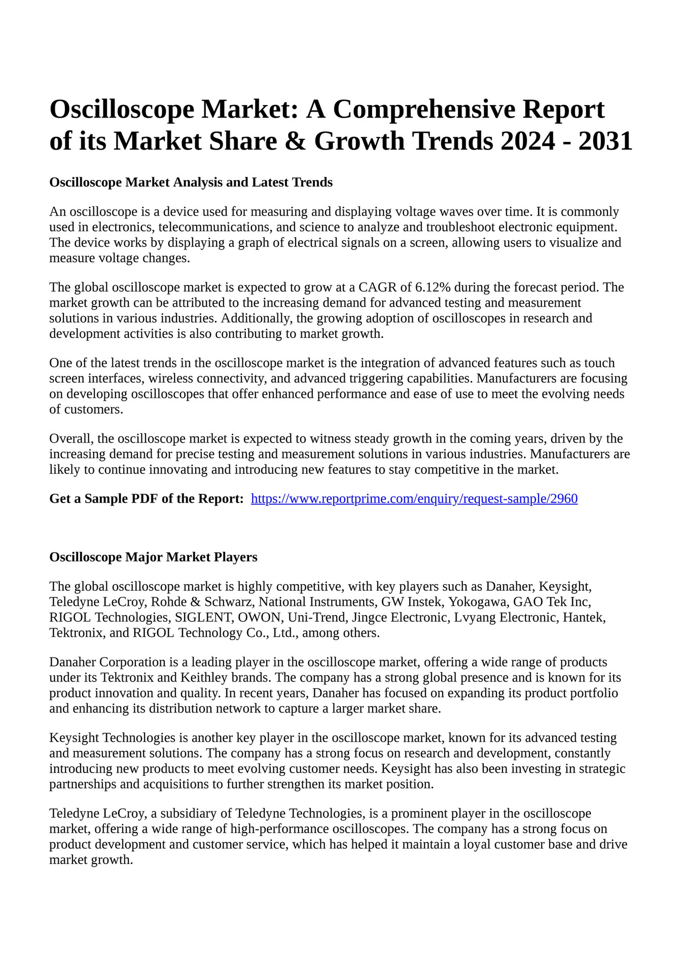 Reportprime Oscilloscope Market A Comprehensive Report of its Market