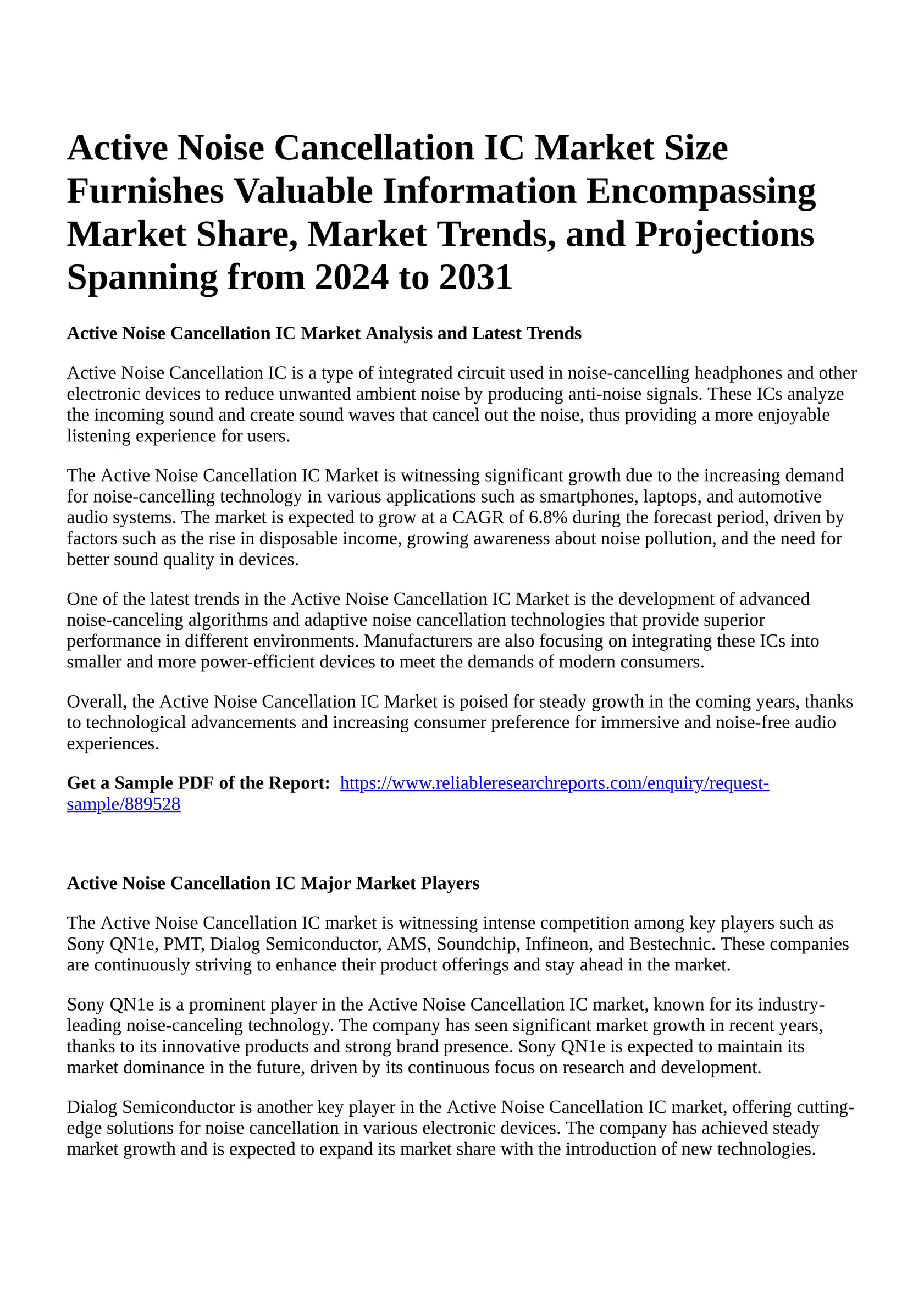 Reportprime Active Noise Cancellation IC Market Size Furnishes