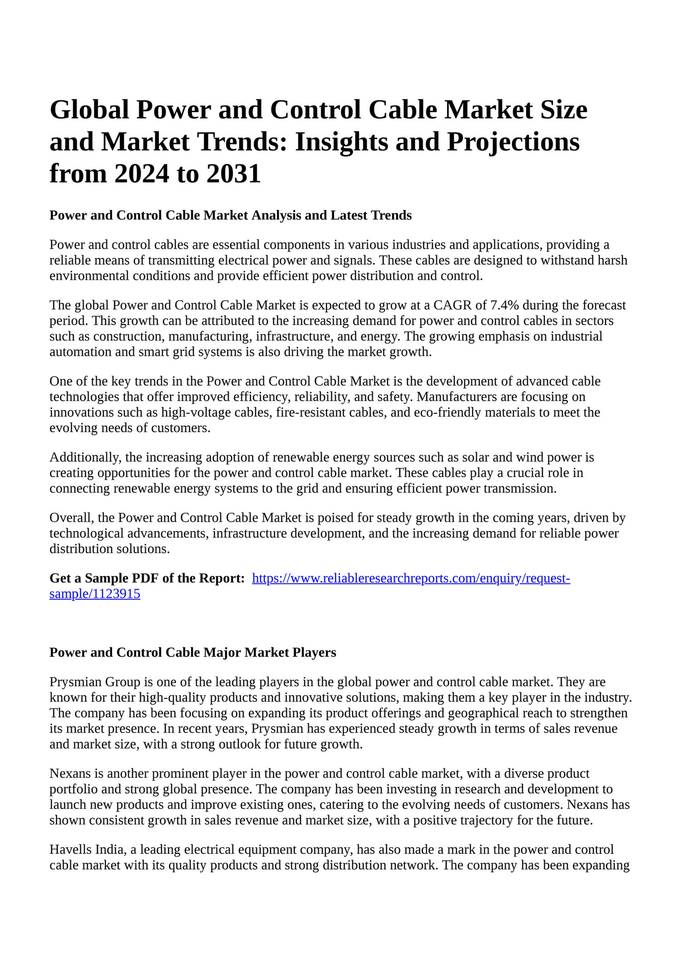Reportprime Global Power and Control Cable Market Size and Market