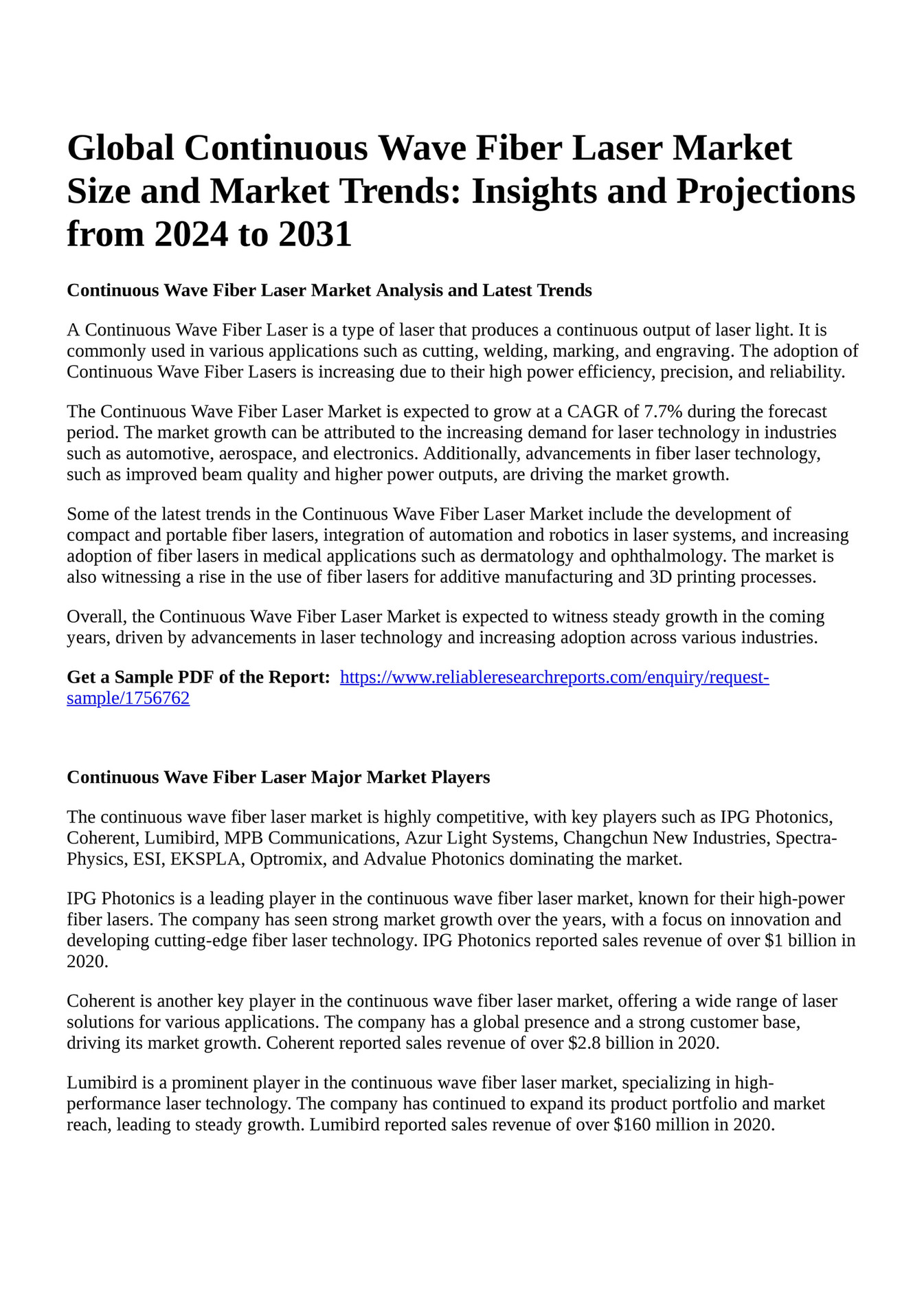 Reportprime Global Continuous Wave Fiber Laser Market Size And Market