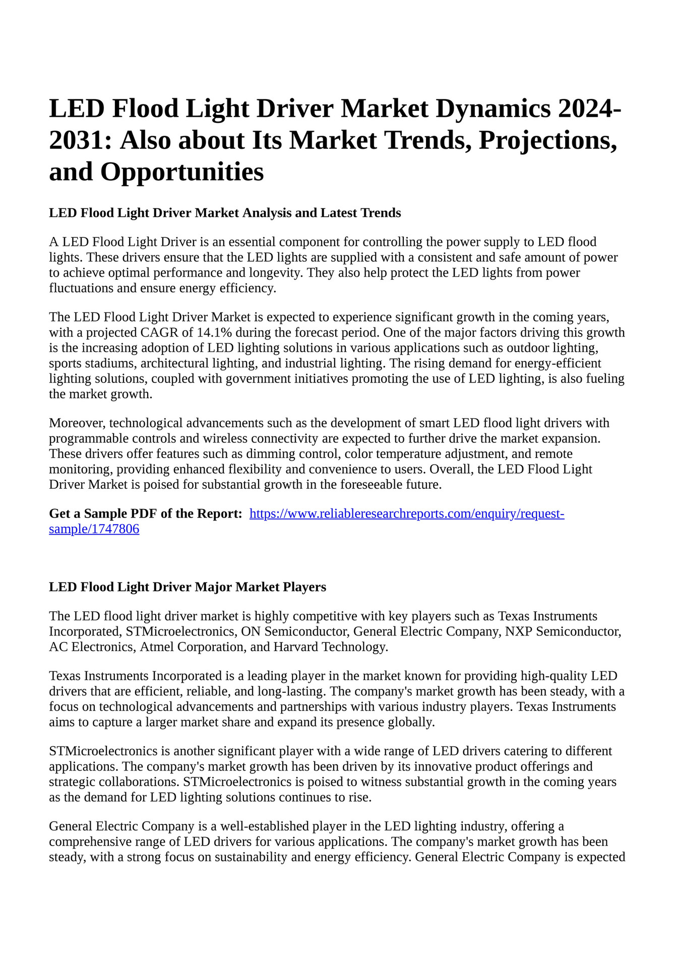 Reportprime LED Flood Light Driver Market Dynamics 20242031 Also about Its Market Trends