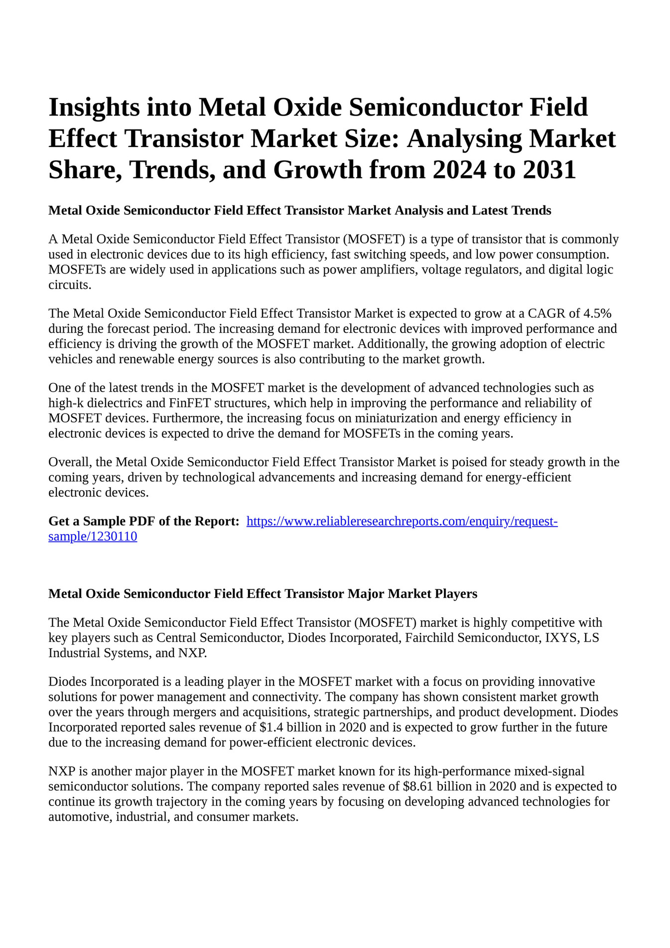 Reportprime Insights into Metal Oxide Semiconductor Field Effect