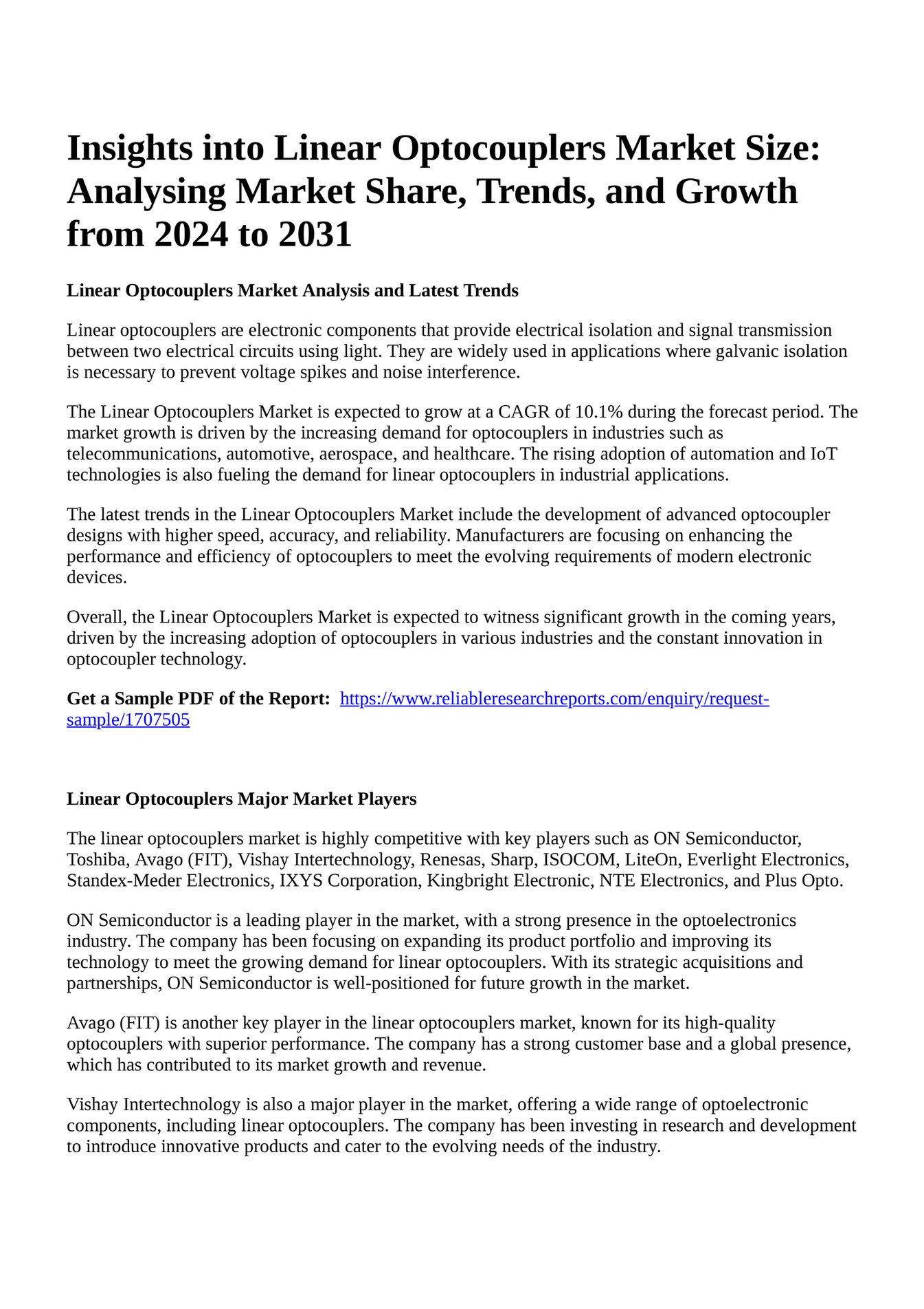 Reportprime Insights into Linear Optocouplers Market Size Analysing