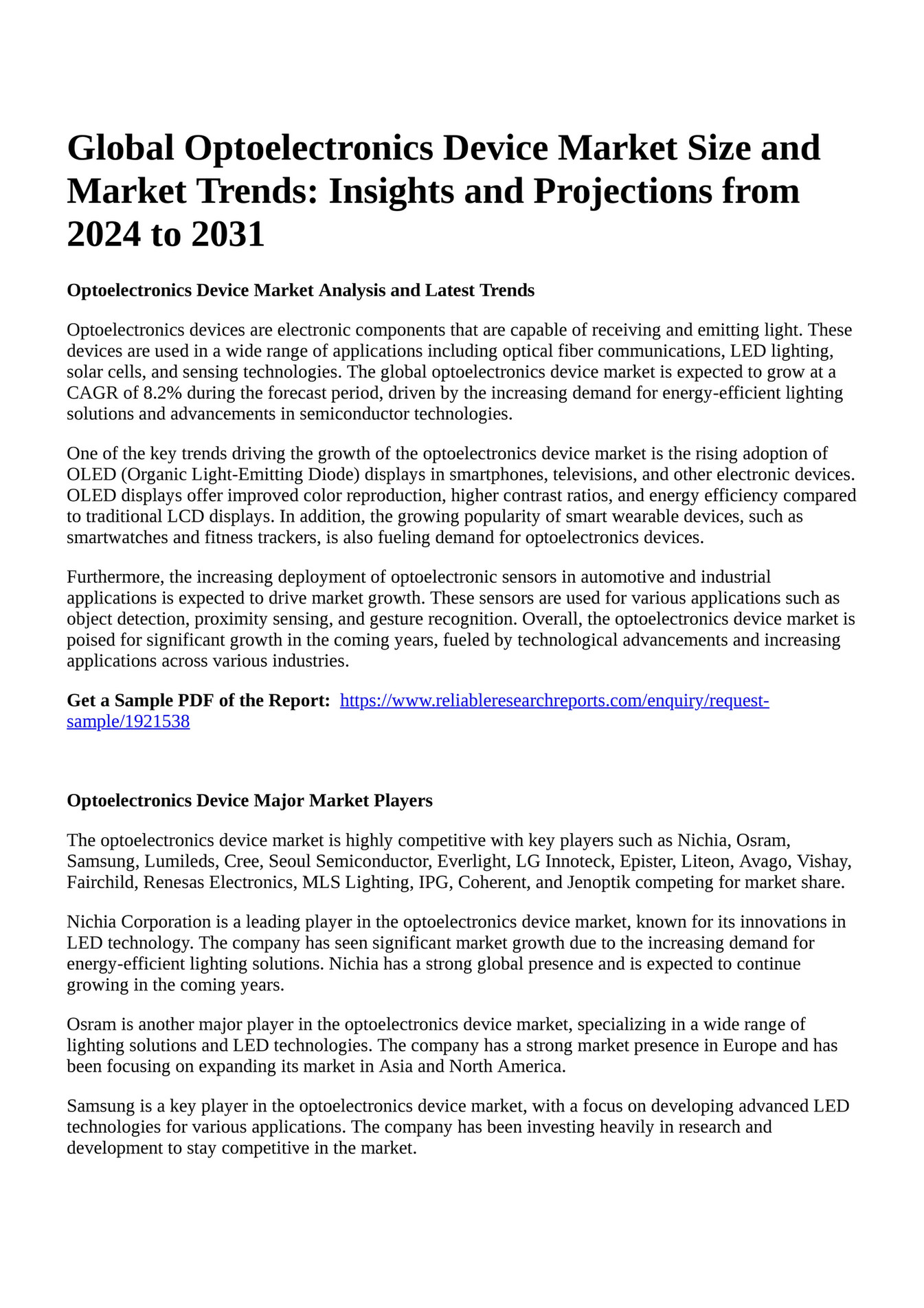 Reportprime Global Optoelectronics Device Market Size and Market Trends Insights and