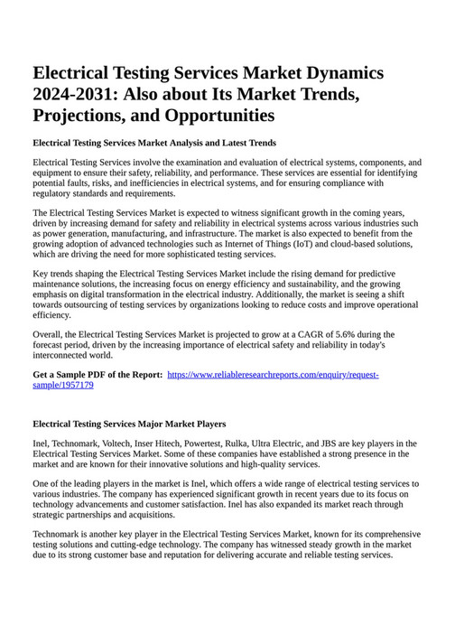 Reportprime Electrical Testing Services Market Dynamics 20242031
