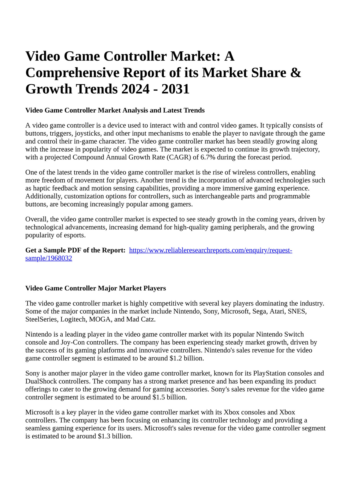 Reportprime Video Game Controller Market A Comprehensive Report of