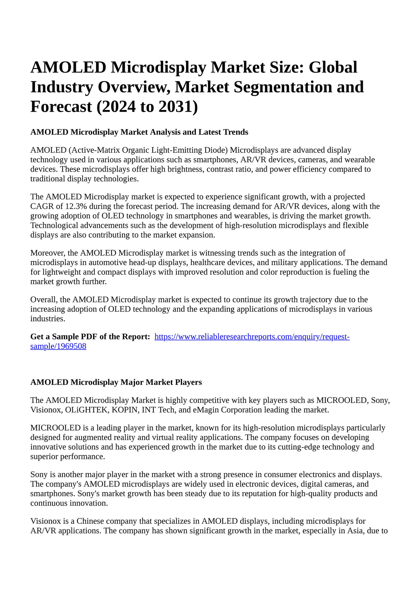 Reportprime amoled microdisplay market size global industry overview