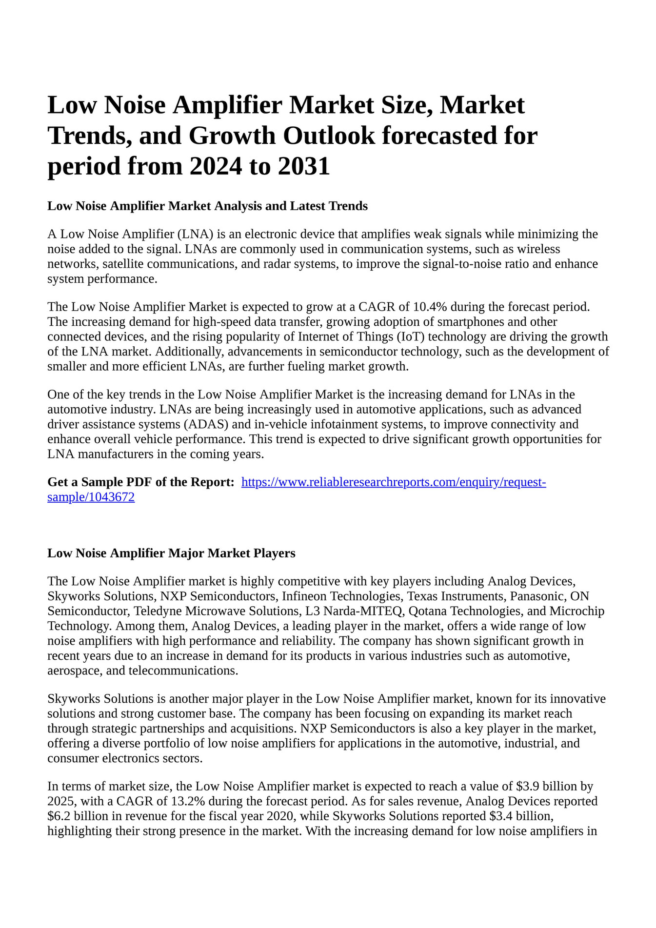 Reportprime Low Noise Amplifier Market Size, Market Trends, and Growth Outlook forecasted for
