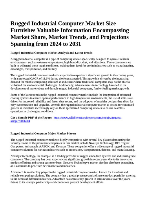 Reportprime Rugged Industrial Computer Market Size Furnishes Valuable