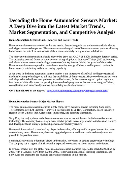 Reportprime - Decoding the Home Automation Sensors Market: A Deep Dive 