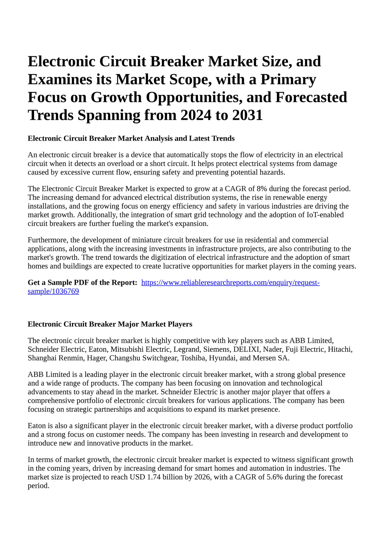 Reportprime Electronic Circuit Breaker Market Size, and Examines its