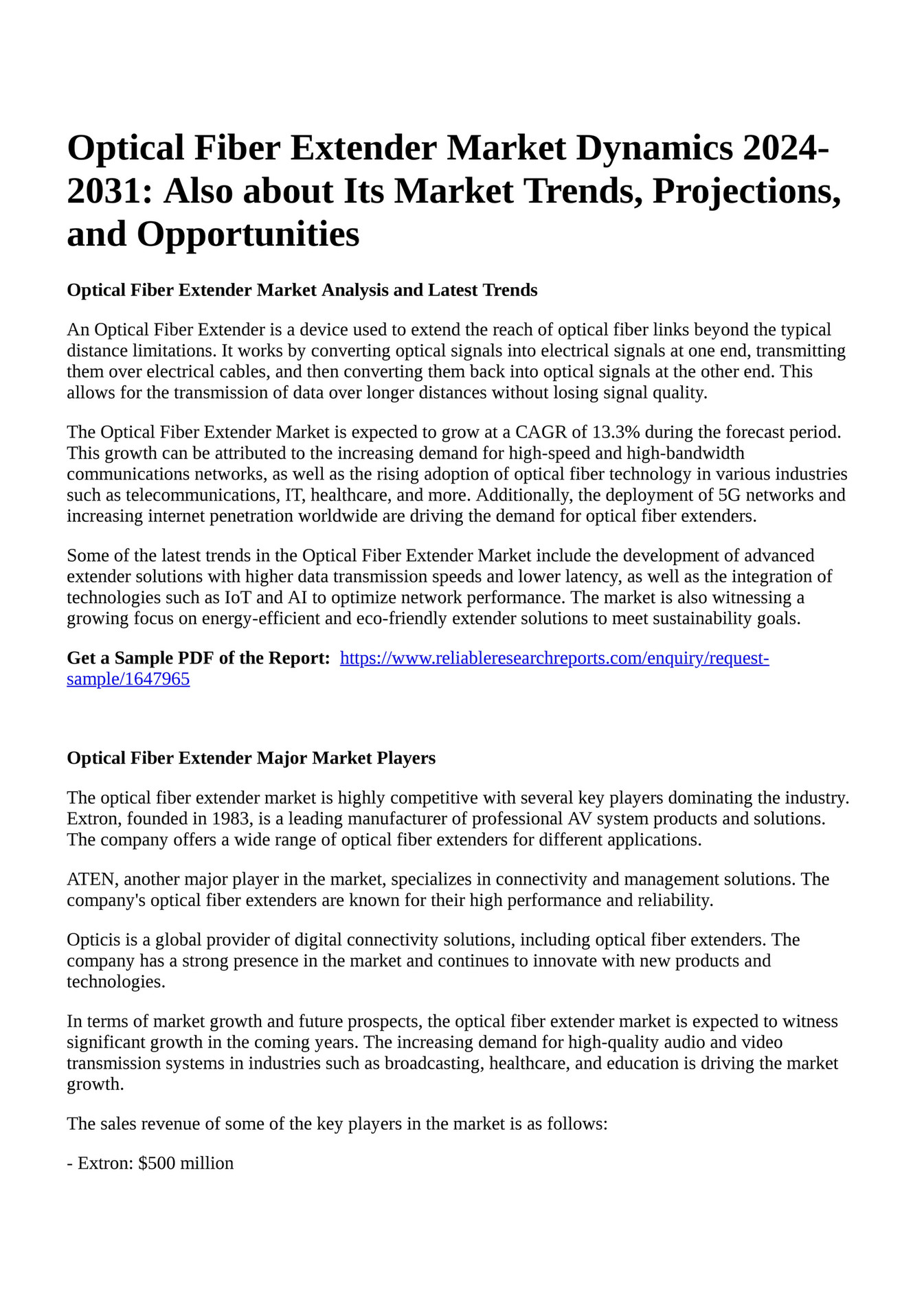 Reportprime Optical Fiber Extender Market Dynamics Also About Its Market Trends